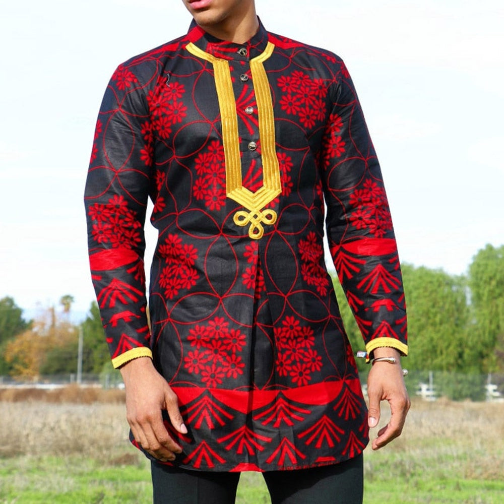 Conjunto de 2 peças de camisa kaftan africana masculina com costura de manga comprida branca e calça social 